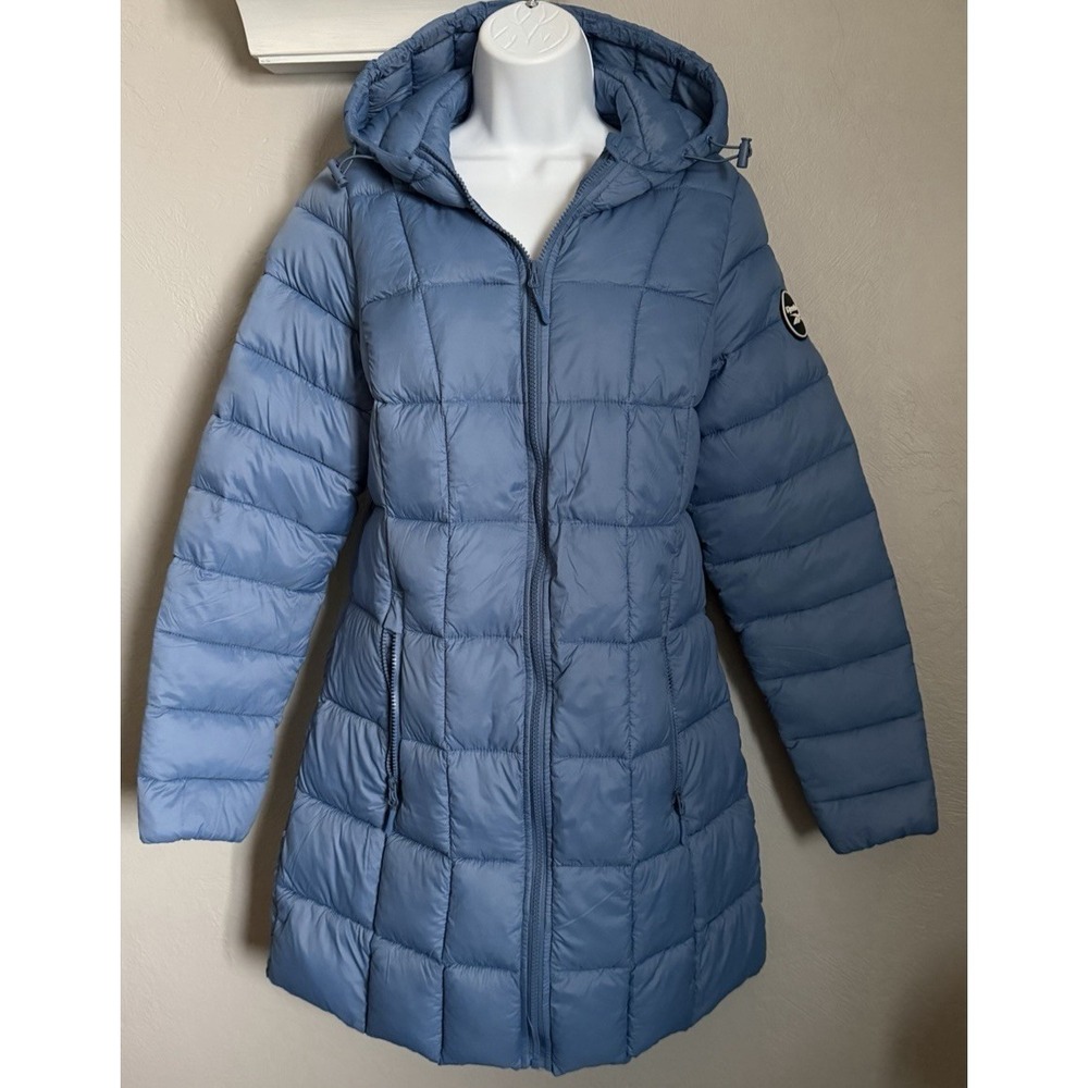 Reebok Hooded Puffer Long Jacket Womens Size Medium Blue Glacier Shield Hooded